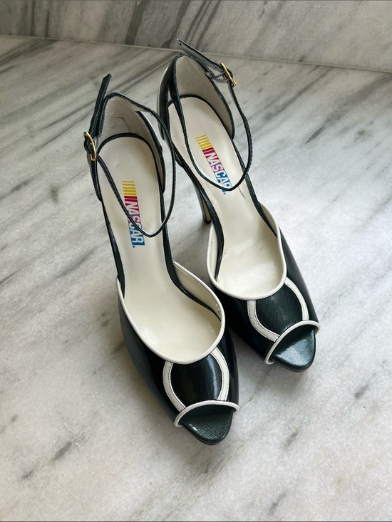 Nascar Shoes - Nascar Dark Green Peep-Toe Ankle Strap Heels with White Trim